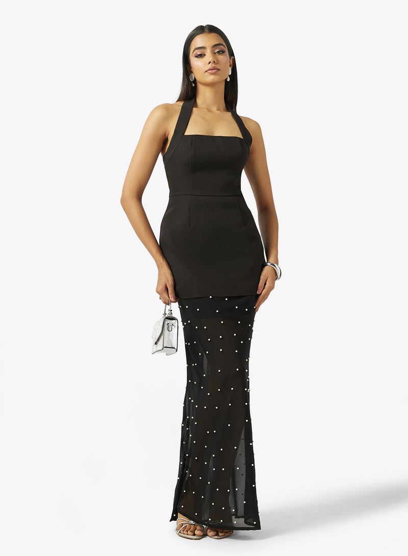 Style Cheat Halter Slip Pearl Dress in Black - Image 5
